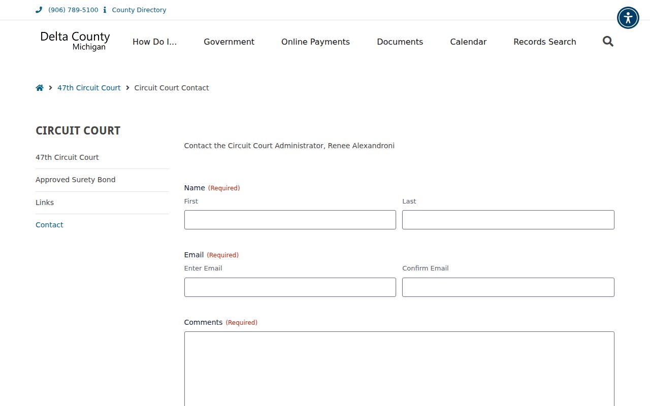 Delta County docket search Circuit Court administrator contact form