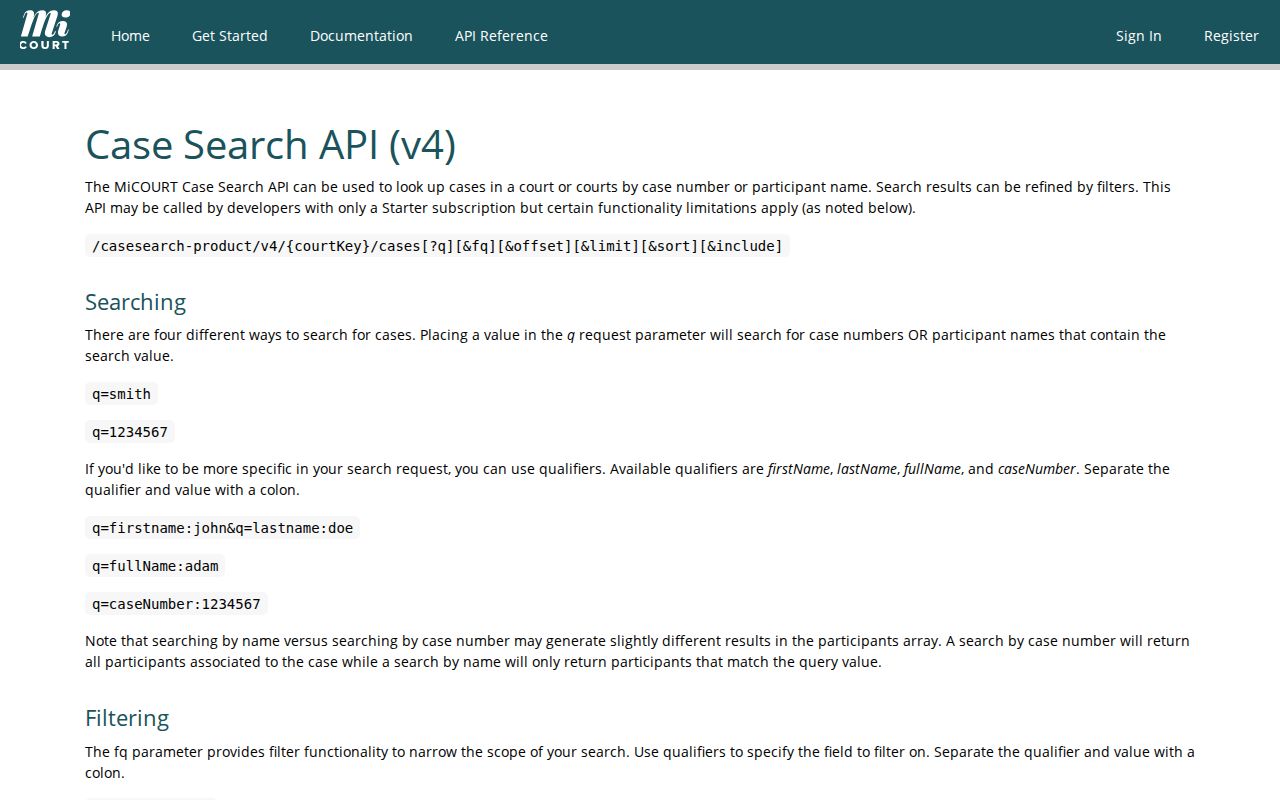 Delta County docket search MiCOURT API reference for filters and results