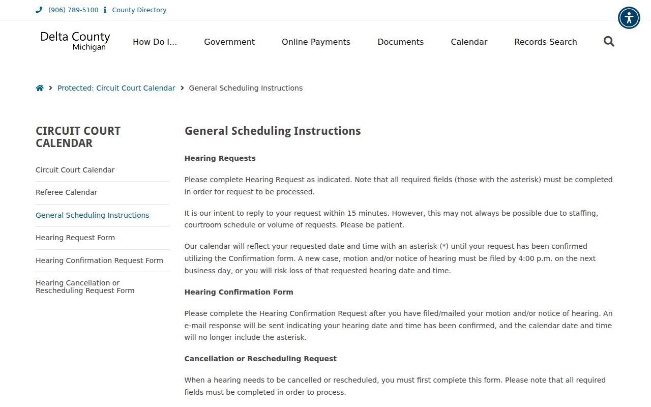 Delta County court calendar Circuit scheduling instructions on filing and confirmation