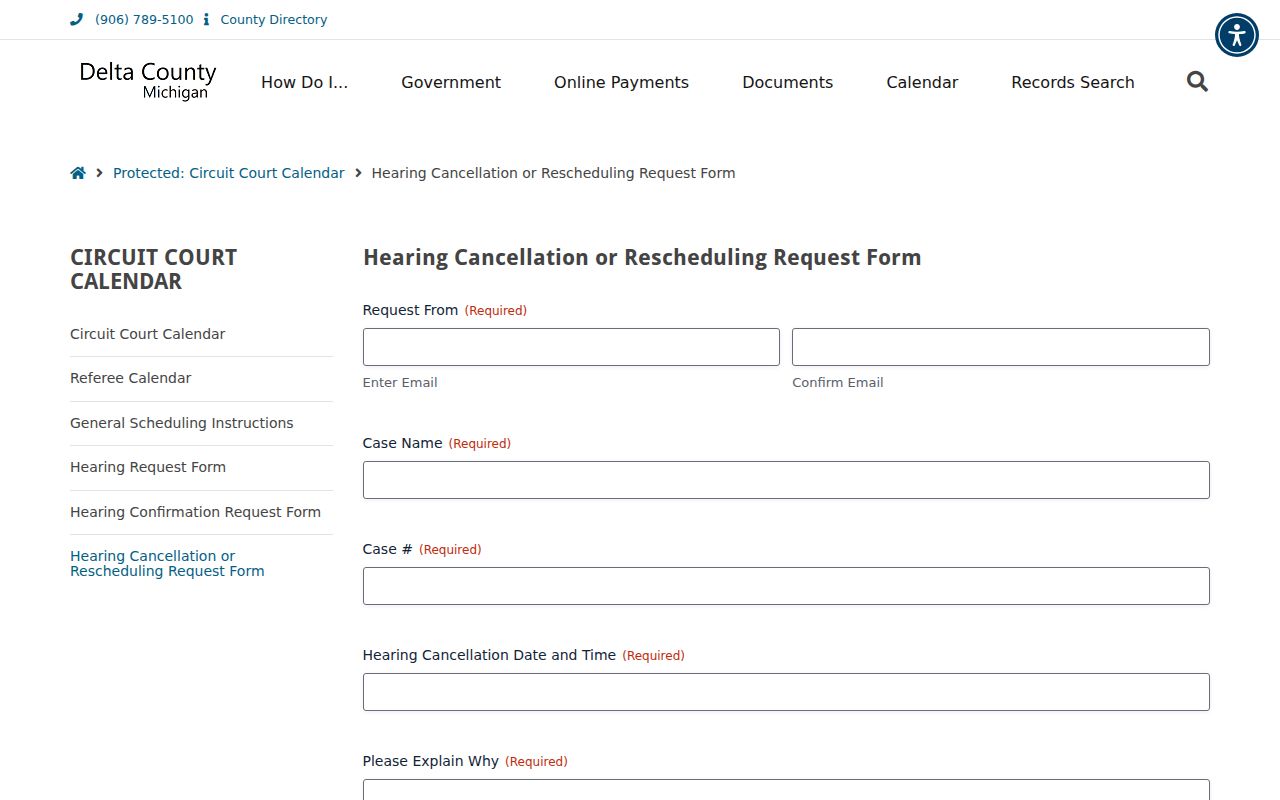 Delta County court calendar cancellation and rescheduling request controls