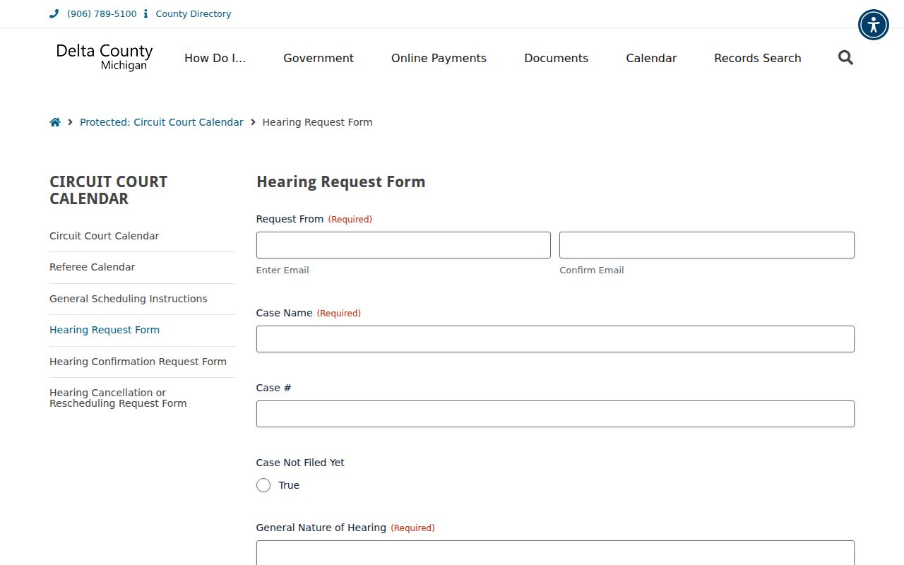 Delta County court calendar hearing request form with case and date preference fields