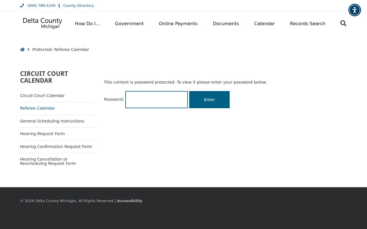 Delta County court calendar Referee Calendar password-protected access page