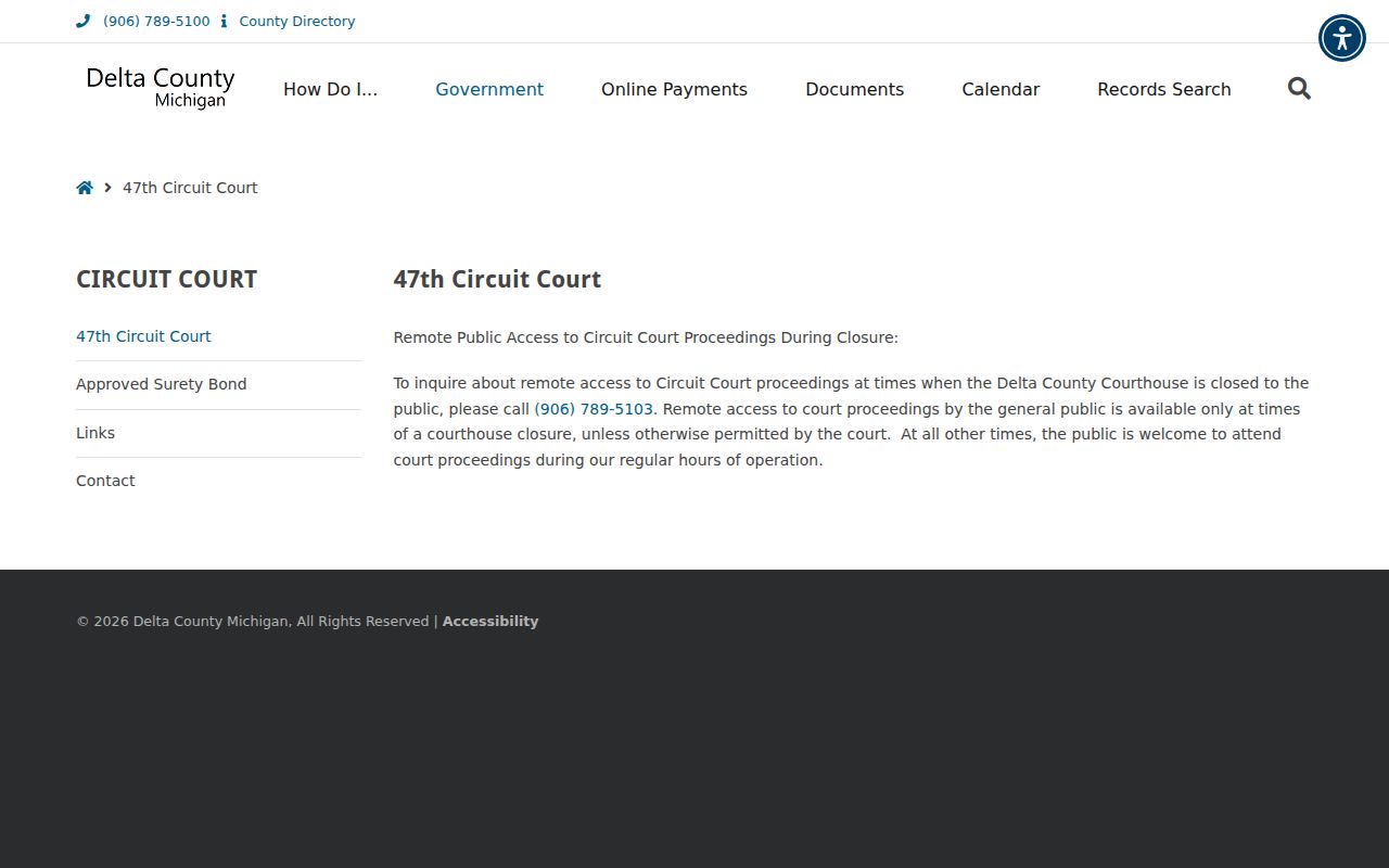 Delta County court docket 47th Circuit Court public access notice