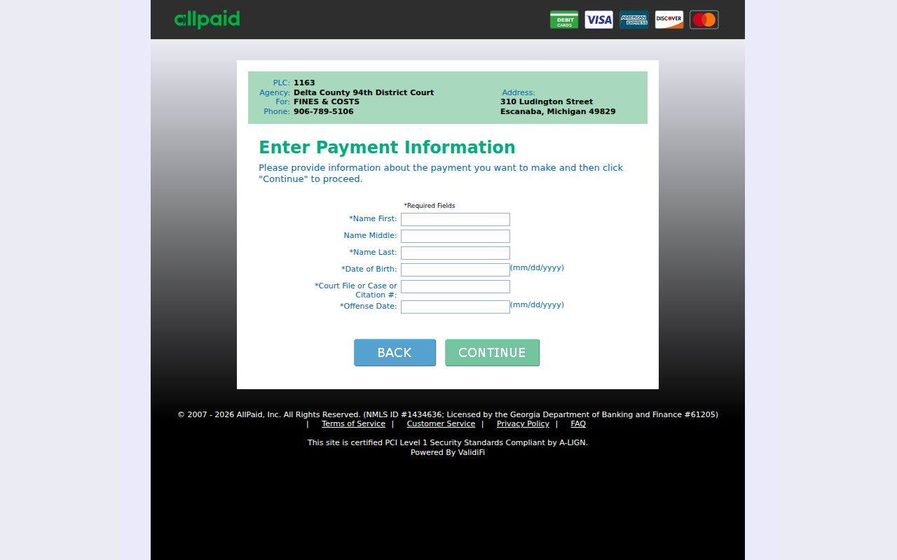 Delta County traffic court records GovPay PLC 1163 payment fields